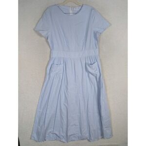 SweetSalt Midi Dress Women's Large Blue Seersucker Striped Short Sleeve Pockets